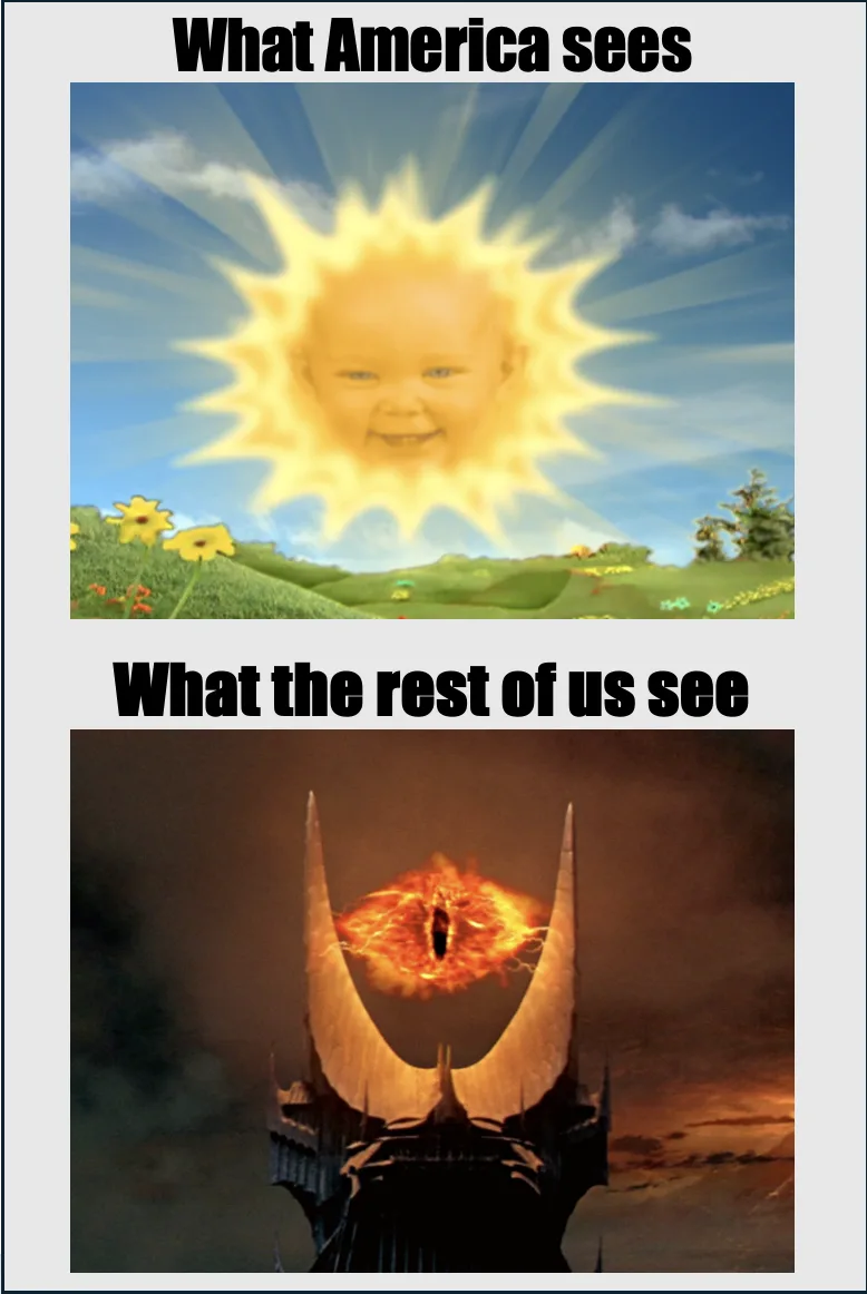 The meme displays two images: the top shows a bright, smiling baby's face superimposed on a sun with rays, labeled 'What…