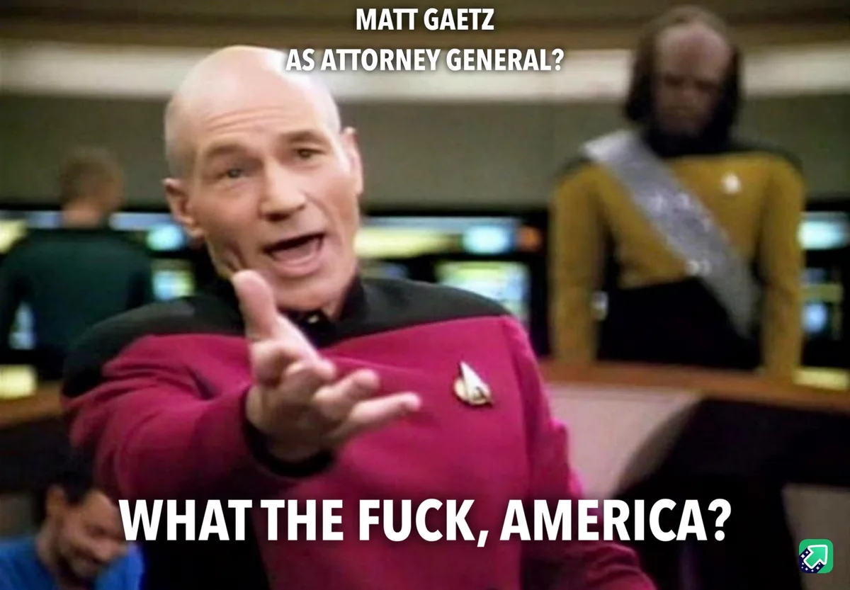 A still image from Star Trek: The Next Generation shows Captain Picard in a red uniform pointing forward with a shocked…