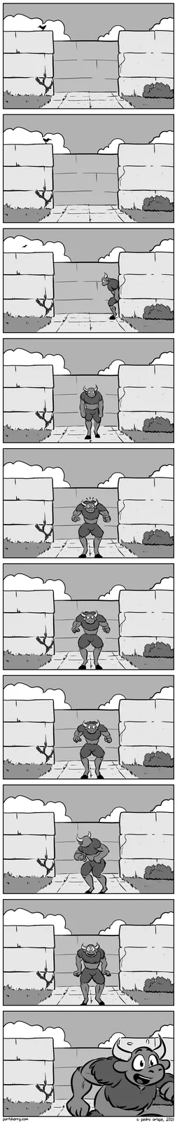 A comic strip shows a muscular, horned bull-like creature cautiously peeking around a stone wall, then slowly stepping into…
