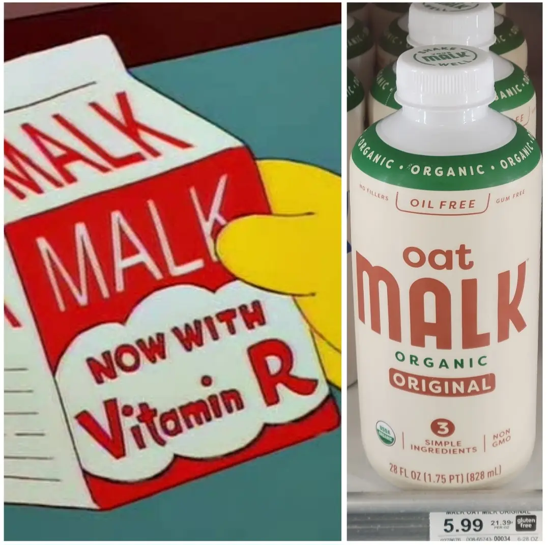 The image is a side-by-side comparison: on the left, a cartoon milk carton from 'The Simpsons' with the text 'NOW WITH…