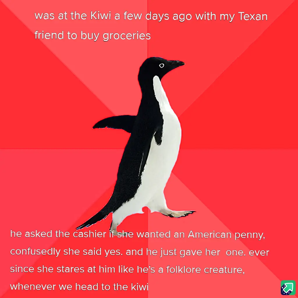 A black-and-white penguin stands against a red background with white text overlaid, telling a story about a Texan friend…