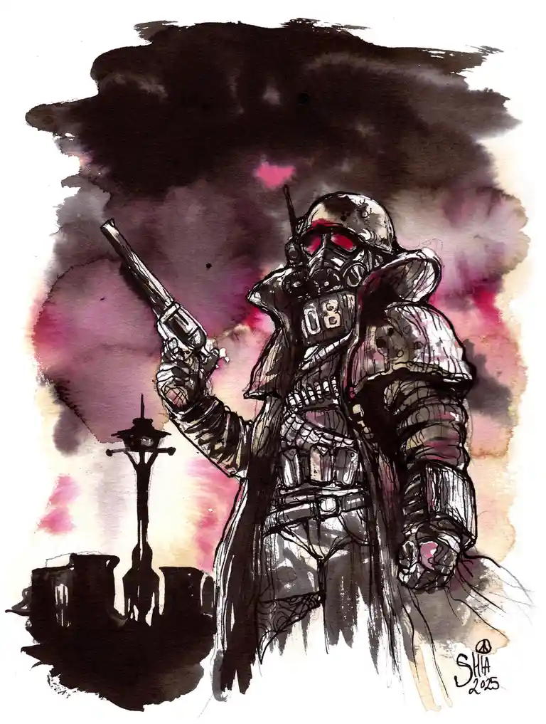 A watercolor illustration depicts a heavily armored, helmeted figure with glowing red eyes, holding a revolver aloft. The…