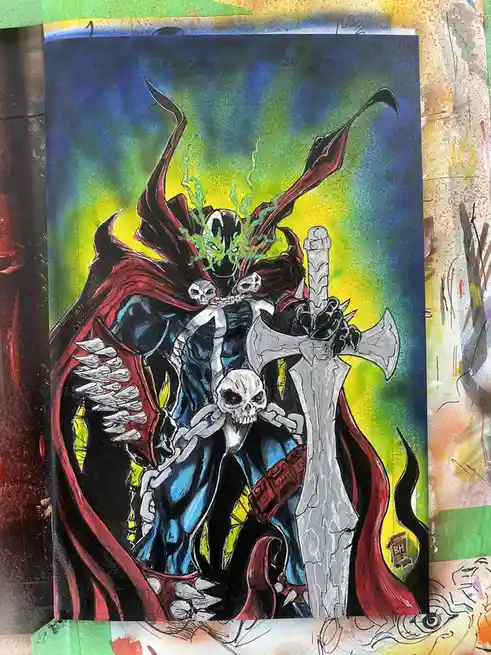 A hand-drawn comic-style illustration depicts the character King Spawn, a skeletal figure with glowing green eyes, wearing a…