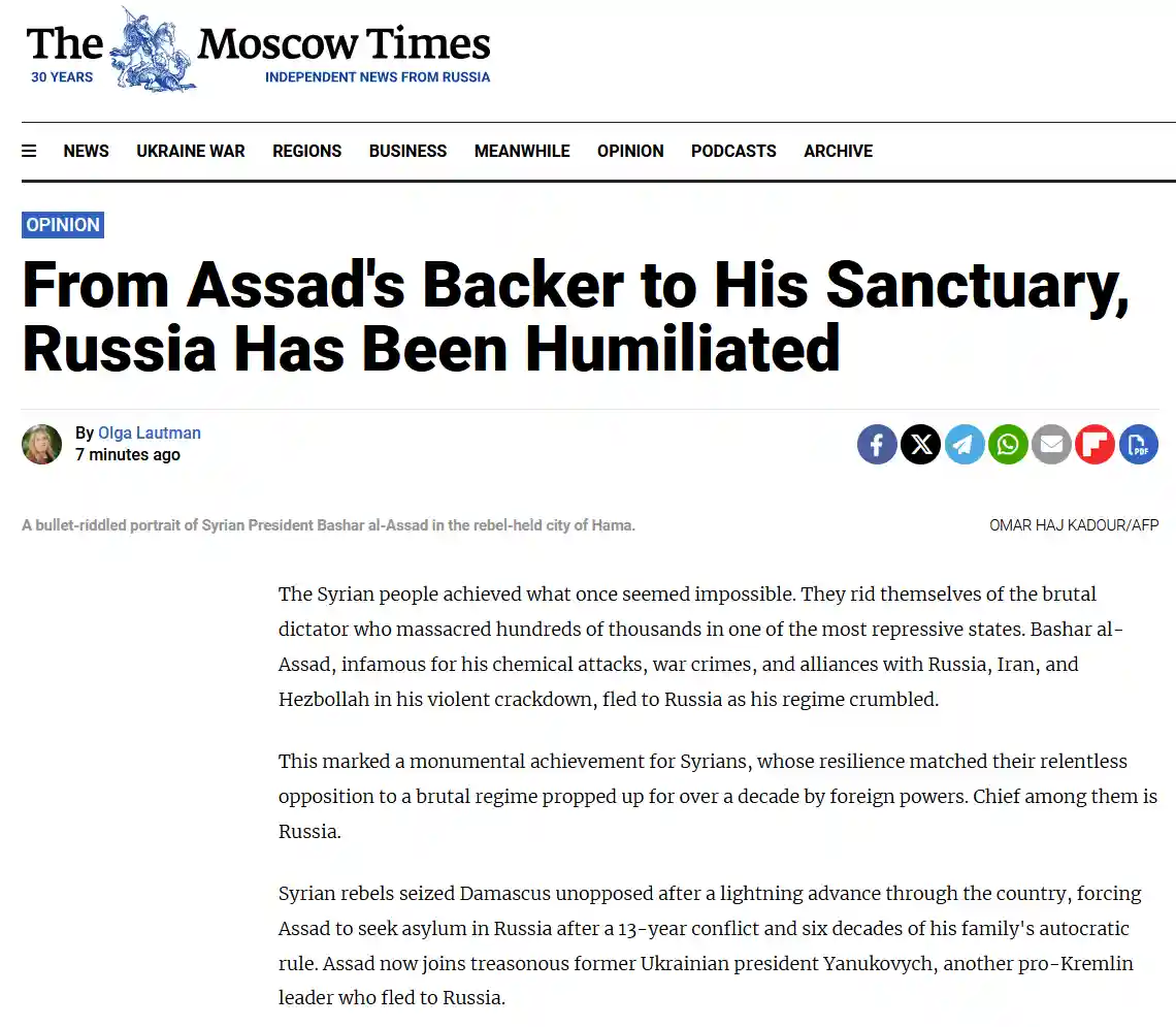 A screenshot of a Moscow Times opinion article titled 'From Assad's Backer to His Sanctuary, Russia Has Been Humiliated' by…