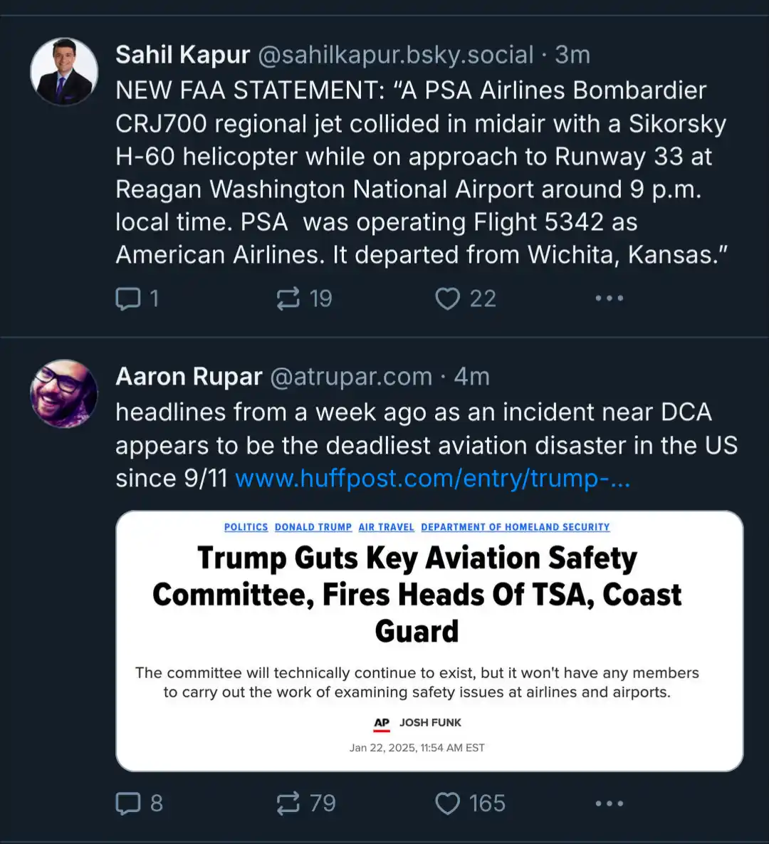 A screenshot of two social media posts. The top post by Sahil Kapur reports a fictional FAA statement about a midair…