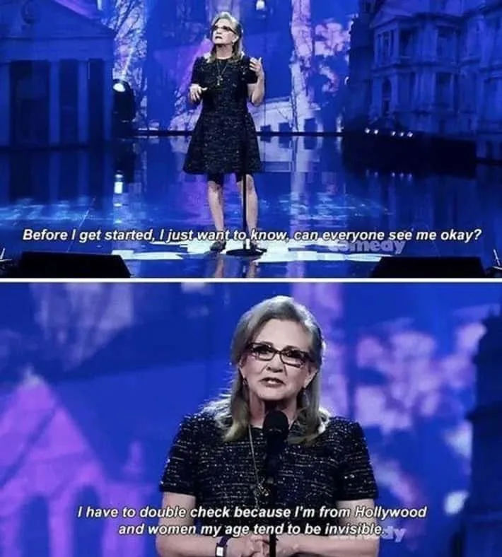 A two-panel image of comedian Rita Moreno on stage. In the top panel, she gestures while asking, 'Before I get started, I…