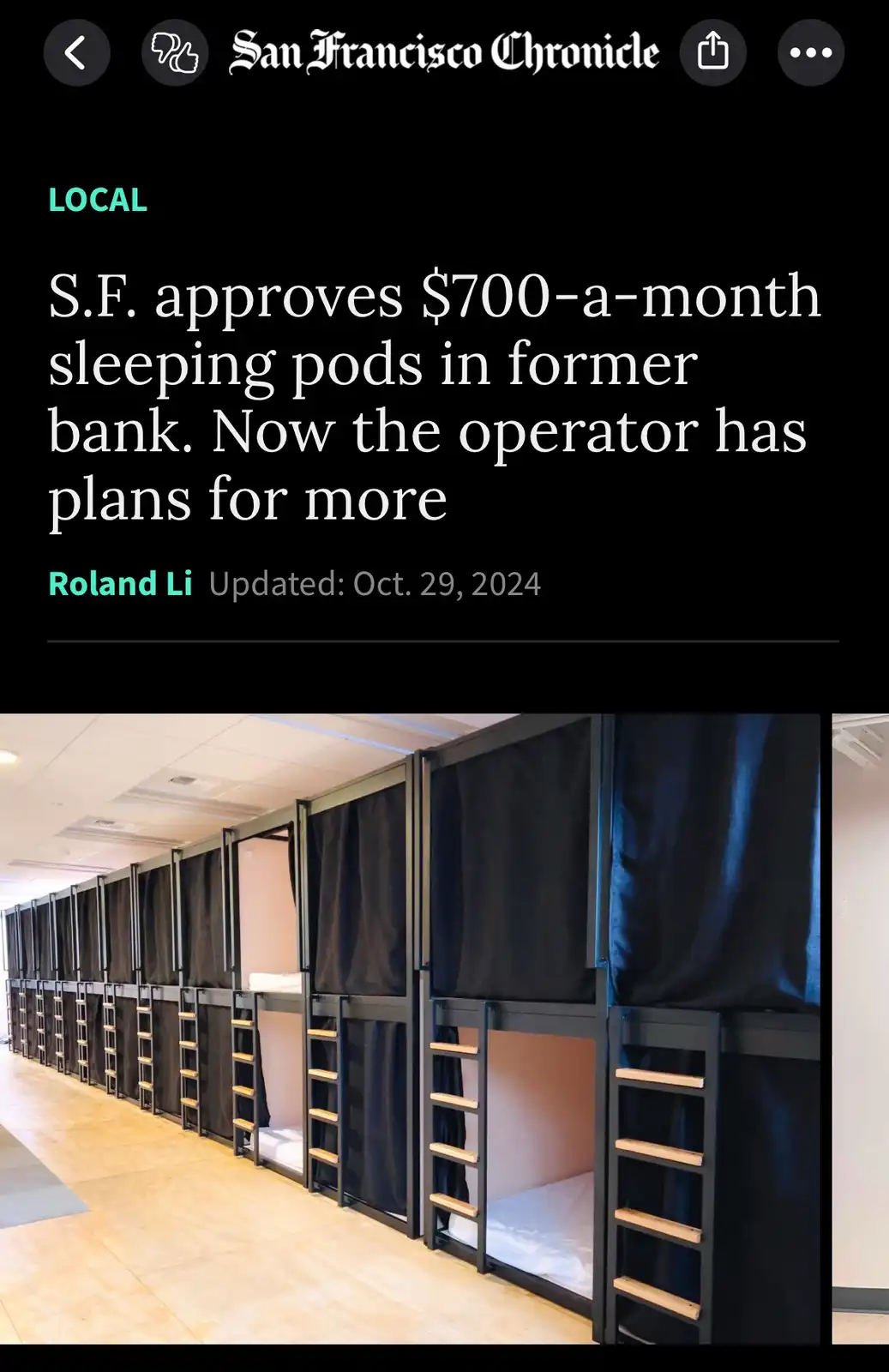 A screenshot of a San Francisco Chronicle article headline about approved $700 monthly sleeping pods in a former bank…
