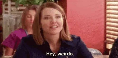 A six-panel meme strip featuring a woman in a dark blue shirt repeatedly saying 'Hey, weirdo.' while seated at a table in a…