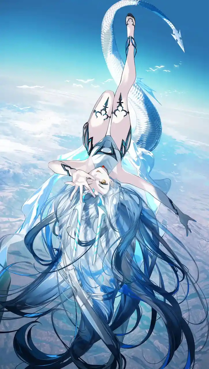 An anime-style illustration shows a woman with long blue hair and a white and blue outfit, floating upside down in the sky…