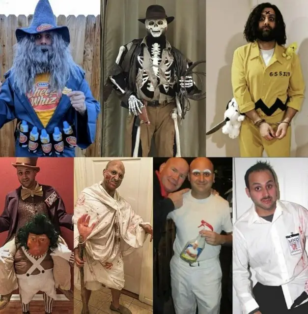 A collage of six men in various Halloween costumes, including a wizard with a 'Cheez Whiz' shirt, a skeleton in a hat, a man…