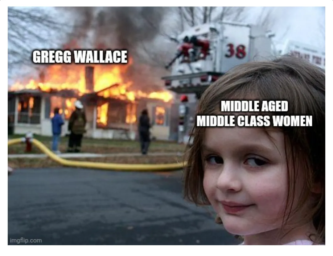 A young girl with a smug, knowing smile is in the foreground, while a house is engulfed in flames with firefighters and a…