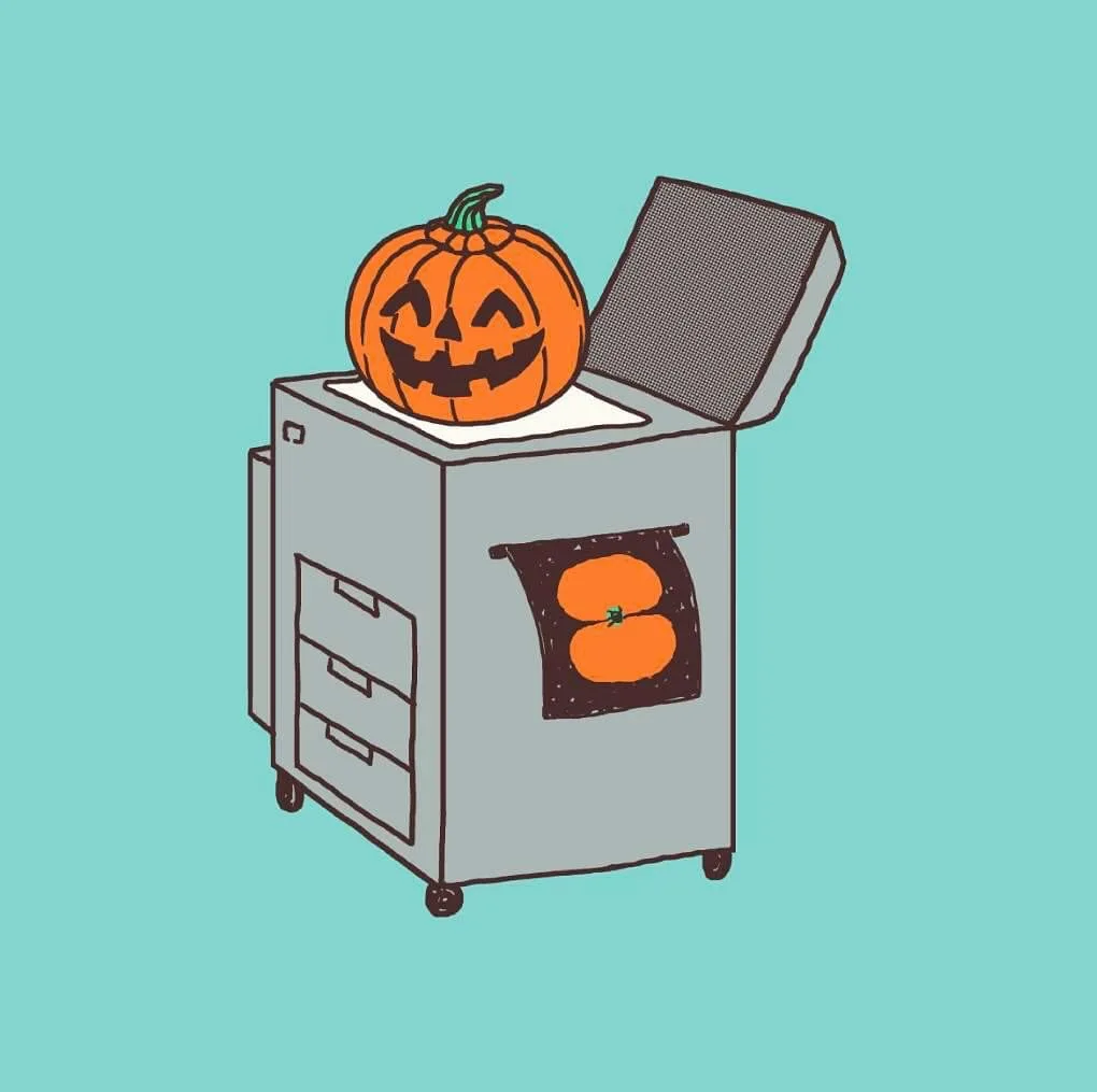 A cartoon illustration shows a gray office filing cabinet with wheels and an open lid, revealing a carved jack-o'-lantern…