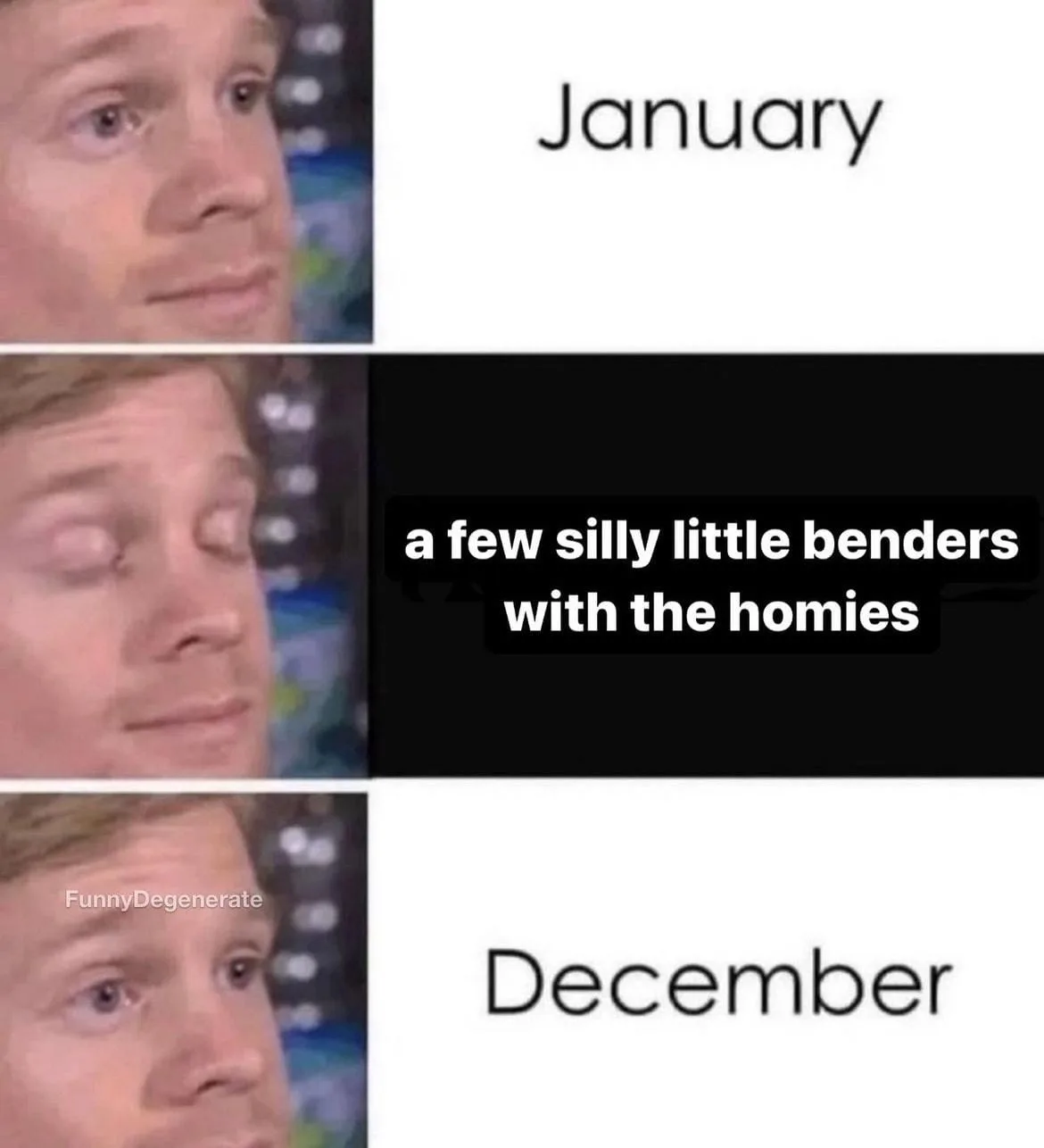 The image is a three-panel meme featuring a man with a blank, slightly confused expression in all panels. The top panel…