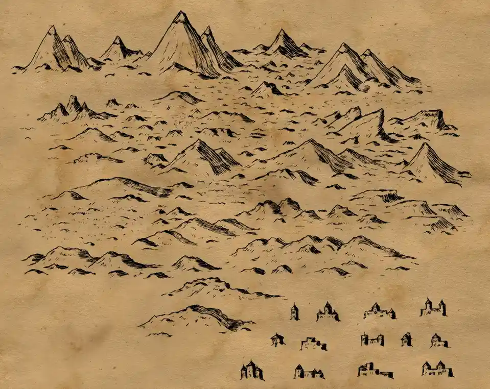 A sepia-toned, hand-drawn fantasy map depicts a vast, rugged mountain range stretching across the image, with a cluster of…