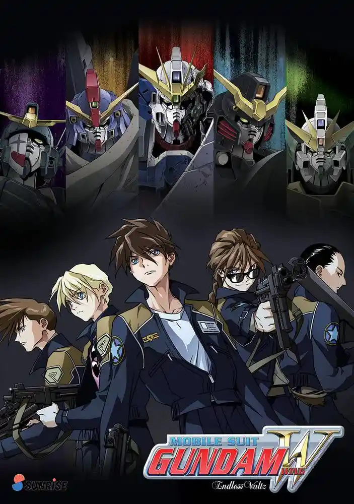 The image is a promotional poster for the anime 'Mobile Suit Gundam Wing: Endless Waltz,' featuring five main characters in…