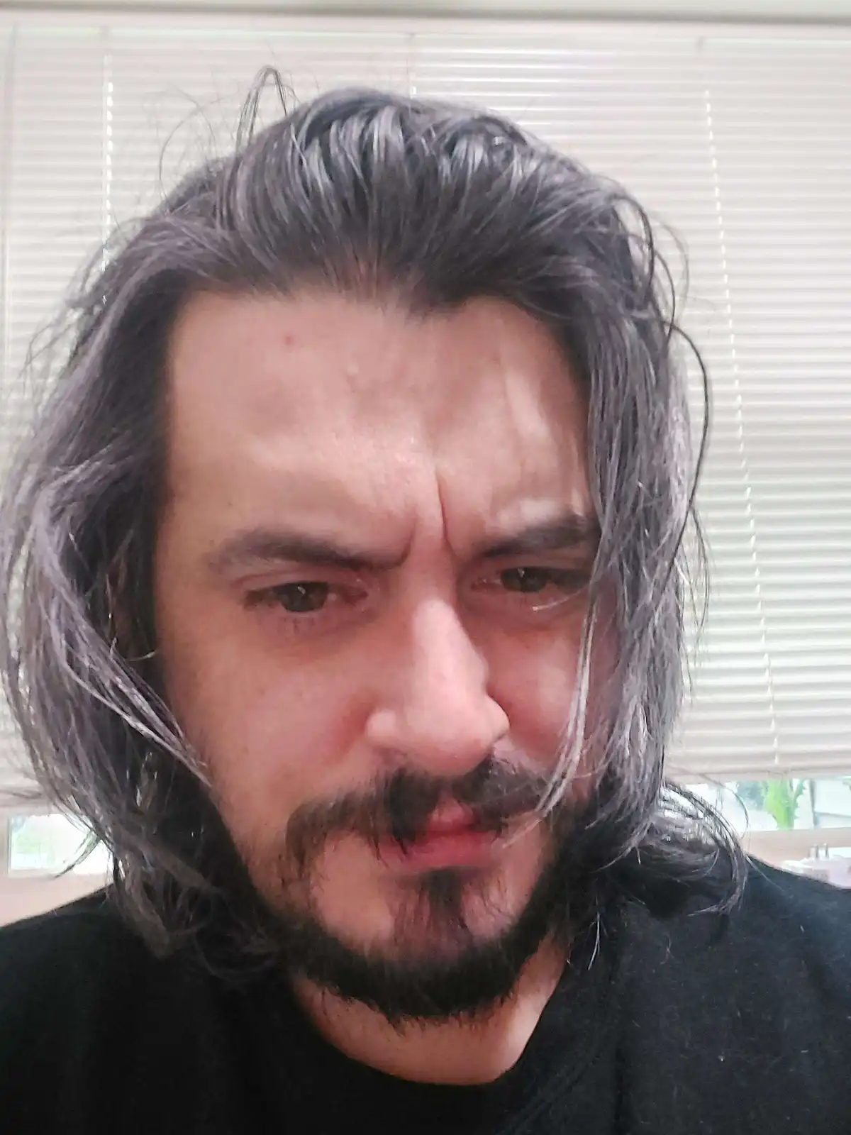 A close-up photo of a man with long, dark hair streaked with gray, a mustache, and a goatee, wearing a black shirt. He has a…