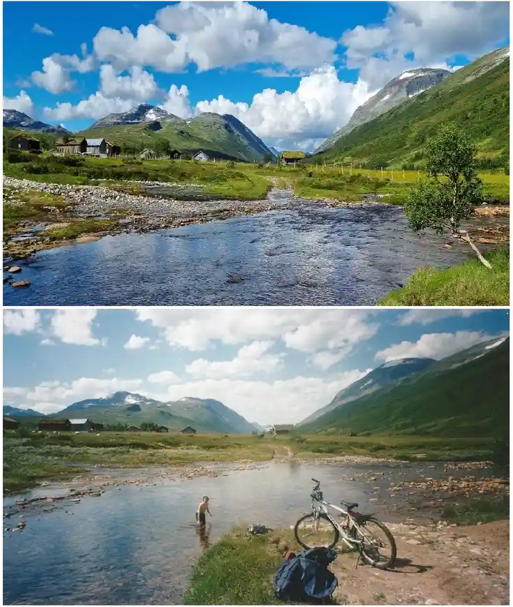 The image is a two-panel meme. The top panel shows a pristine mountain valley with a river, green hills, and scattered…
