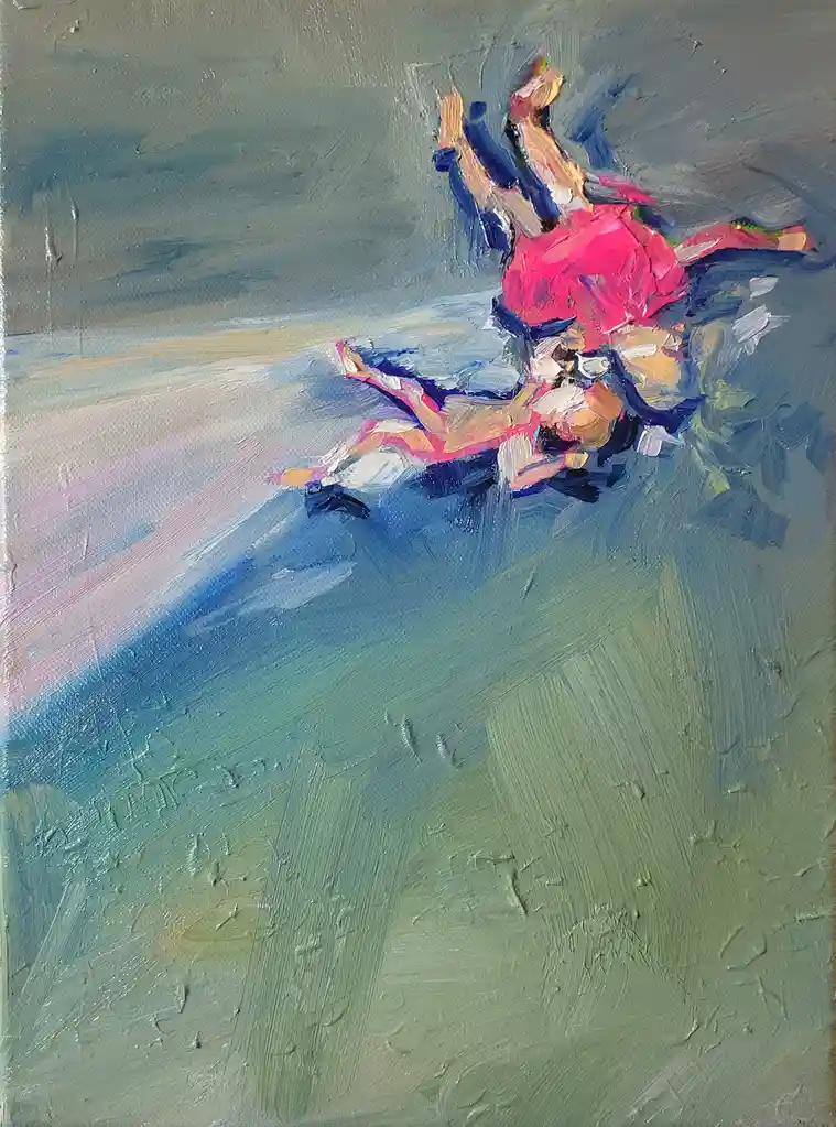 An abstract oil painting depicts a figure in a vibrant pink dress, seemingly falling or tumbling through a landscape of…