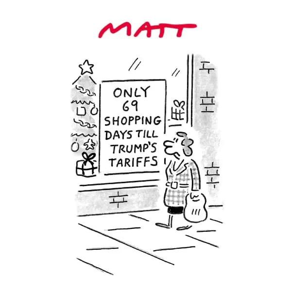 A black-and-white cartoon shows a woman walking past a store window displaying a sign that reads 'ONLY 69 SHOPPING DAYS TILL…