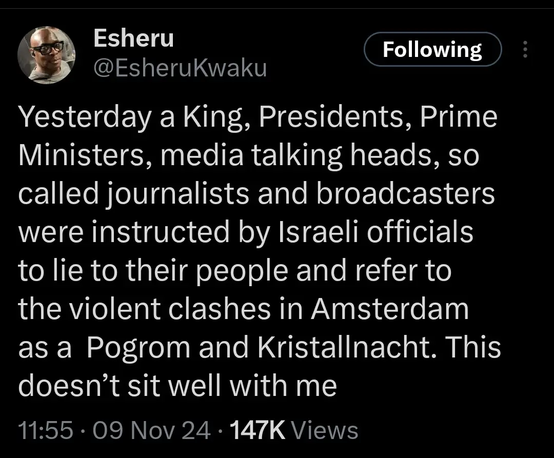 A screenshot of a tweet from user Esheru, showing a black background with white text. The tweet claims that Israeli…