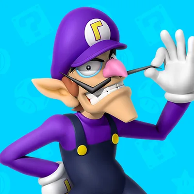 A 3D-rendered video game character, Wario, is shown with a stern expression, holding a thin black object (possibly a pen or…