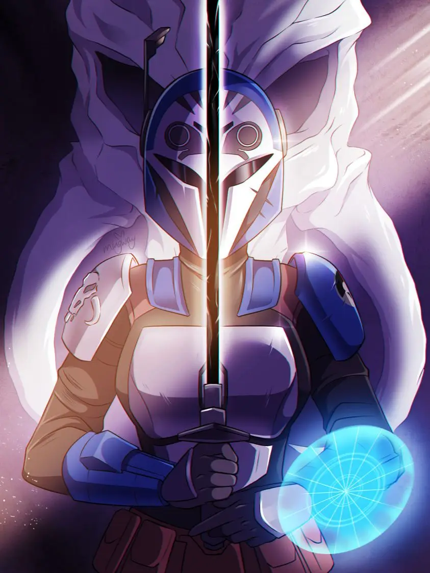 A split-screen anime-style illustration of a Mandalorian warrior, with the left side showing a dark, armored figure and the…