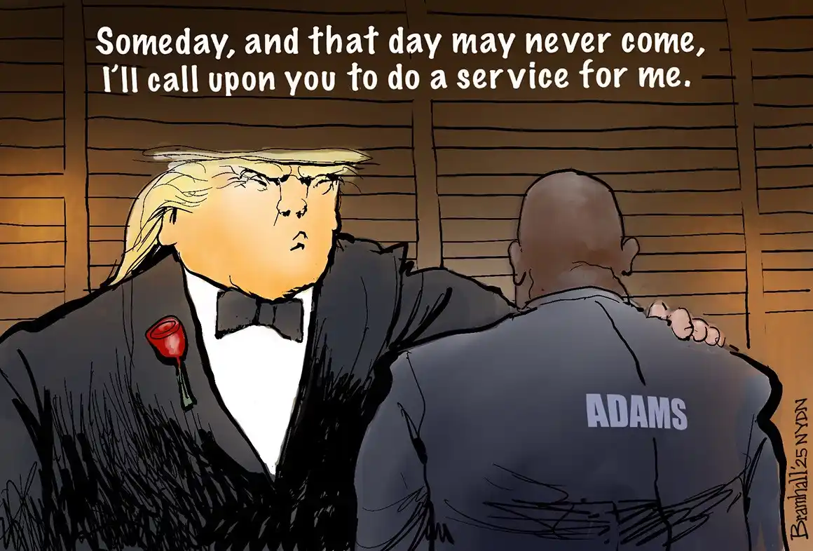 A cartoon depicts Donald Trump, in a tuxedo with a red rose boutonniere, placing his arm around the shoulder of a bald man…