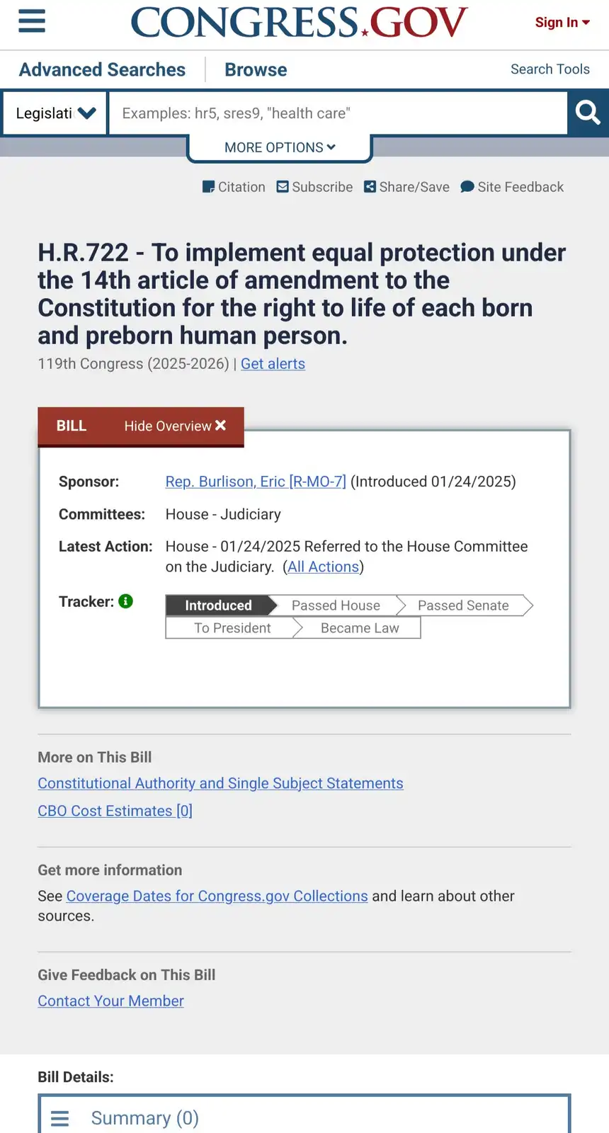 A screenshot of the Congress.gov webpage showing bill H.R.722, which aims to implement equal protection under the 14th…