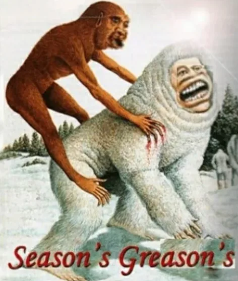 A vintage-style illustration depicts a brown-skinned, ape-like humanoid attacking a large, white-furred, snow-covered…