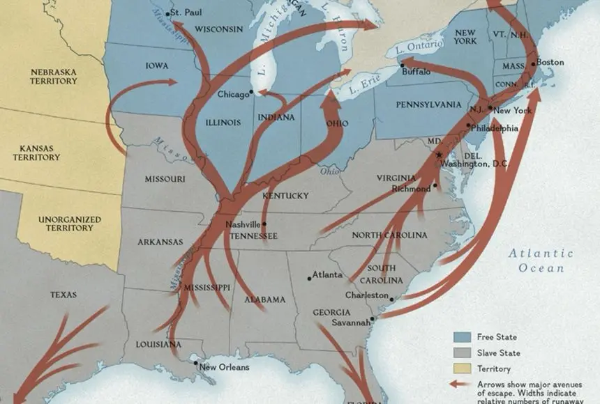 A historical map of the United States showing the Underground Railroad with red arrows indicating escape routes from slave…