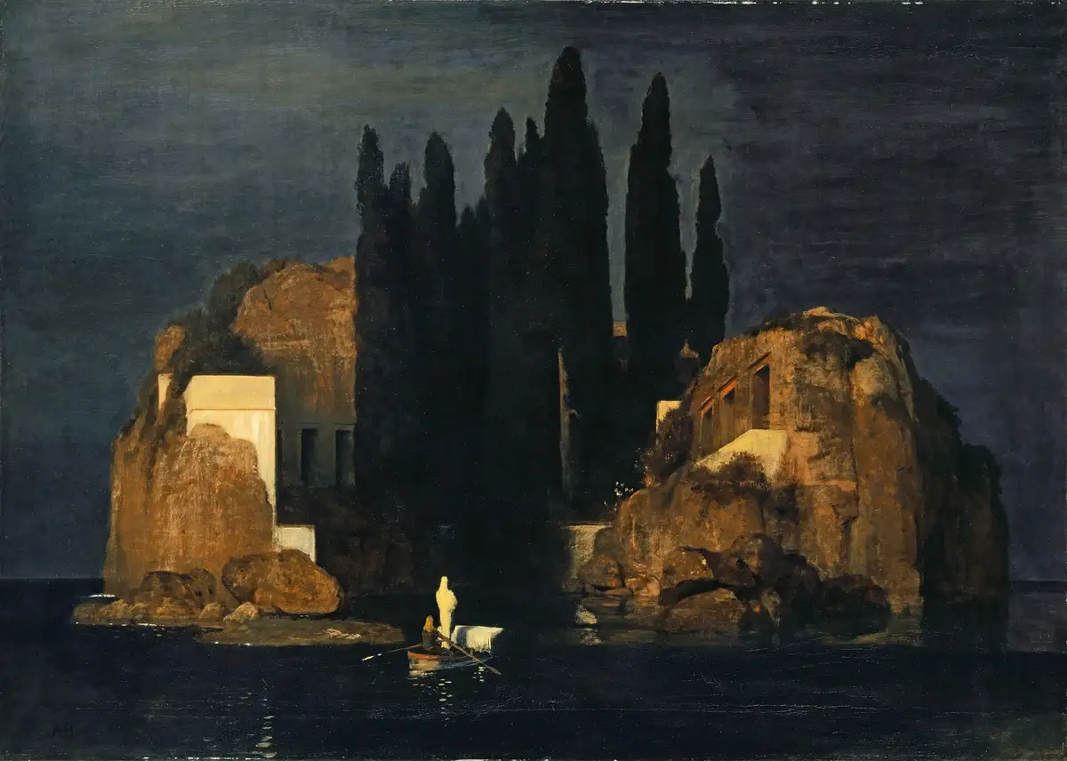 A dark, moody painting depicts a small boat with two figures near a rocky island at night, with tall cypress trees and…