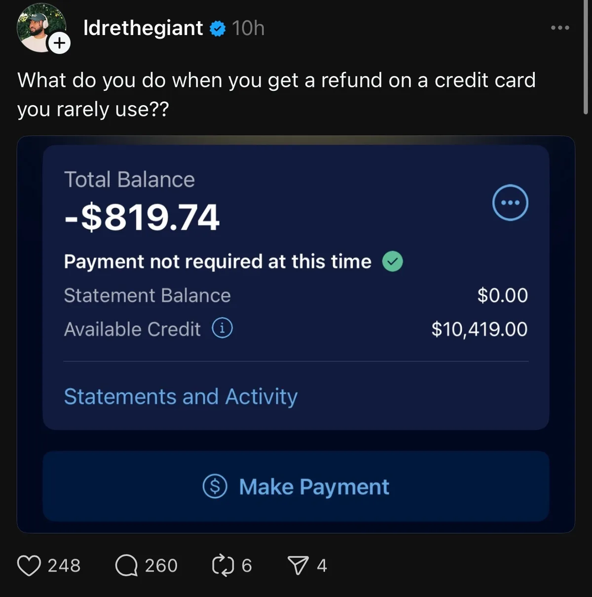 A screenshot of a credit card app showing a negative total balance of -$819.74, a statement balance of $0.00, and $10,419.00…