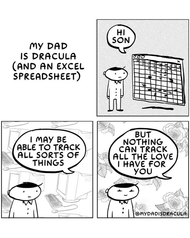 A four-panel comic titled 'MY DAD IS DRACULA (AND AN EXCEL SPREADSHEET)' shows a father figure first greeting his son beside…