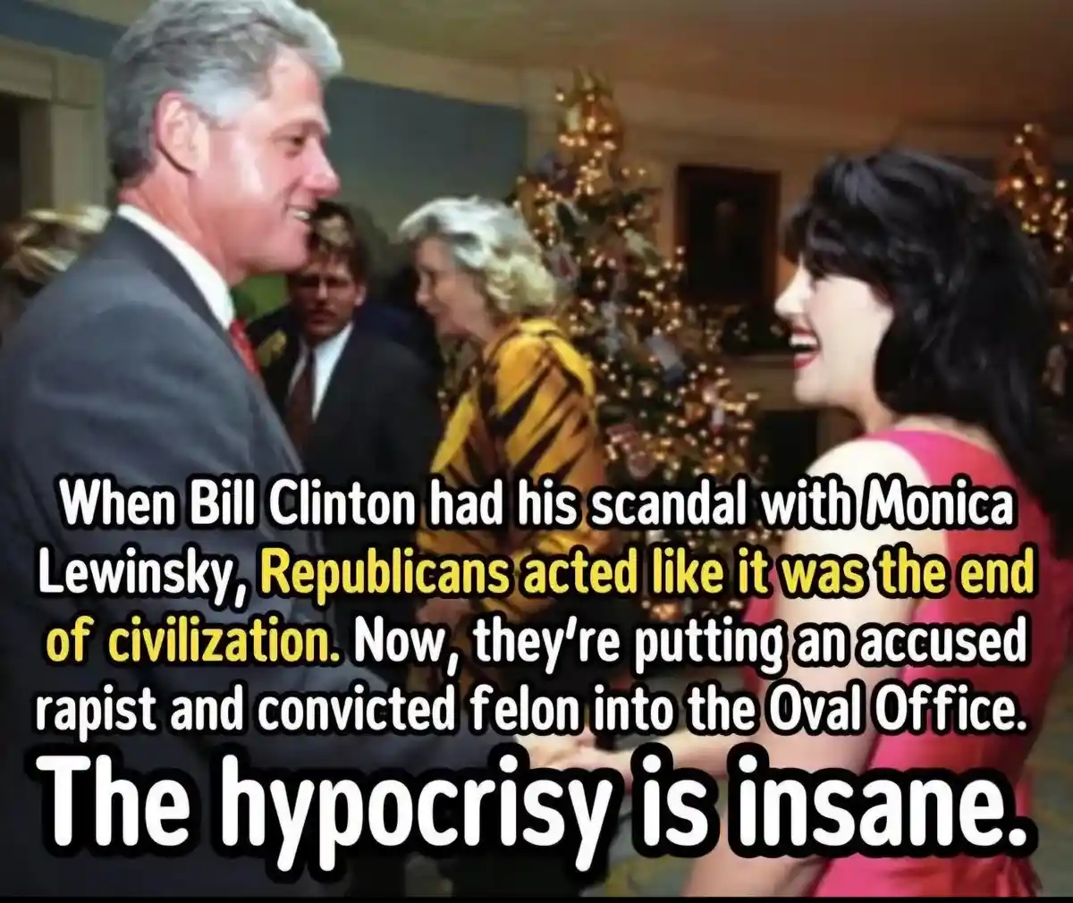 A photo shows Bill Clinton and Monica Lewinsky smiling and laughing together at what appears to be a festive event with a…