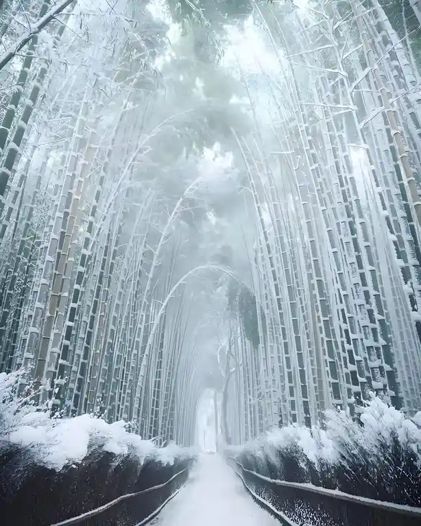 A snowy path winds through a dense bamboo forest, with tall bamboo stalks covered in frost and snow, creating a serene…