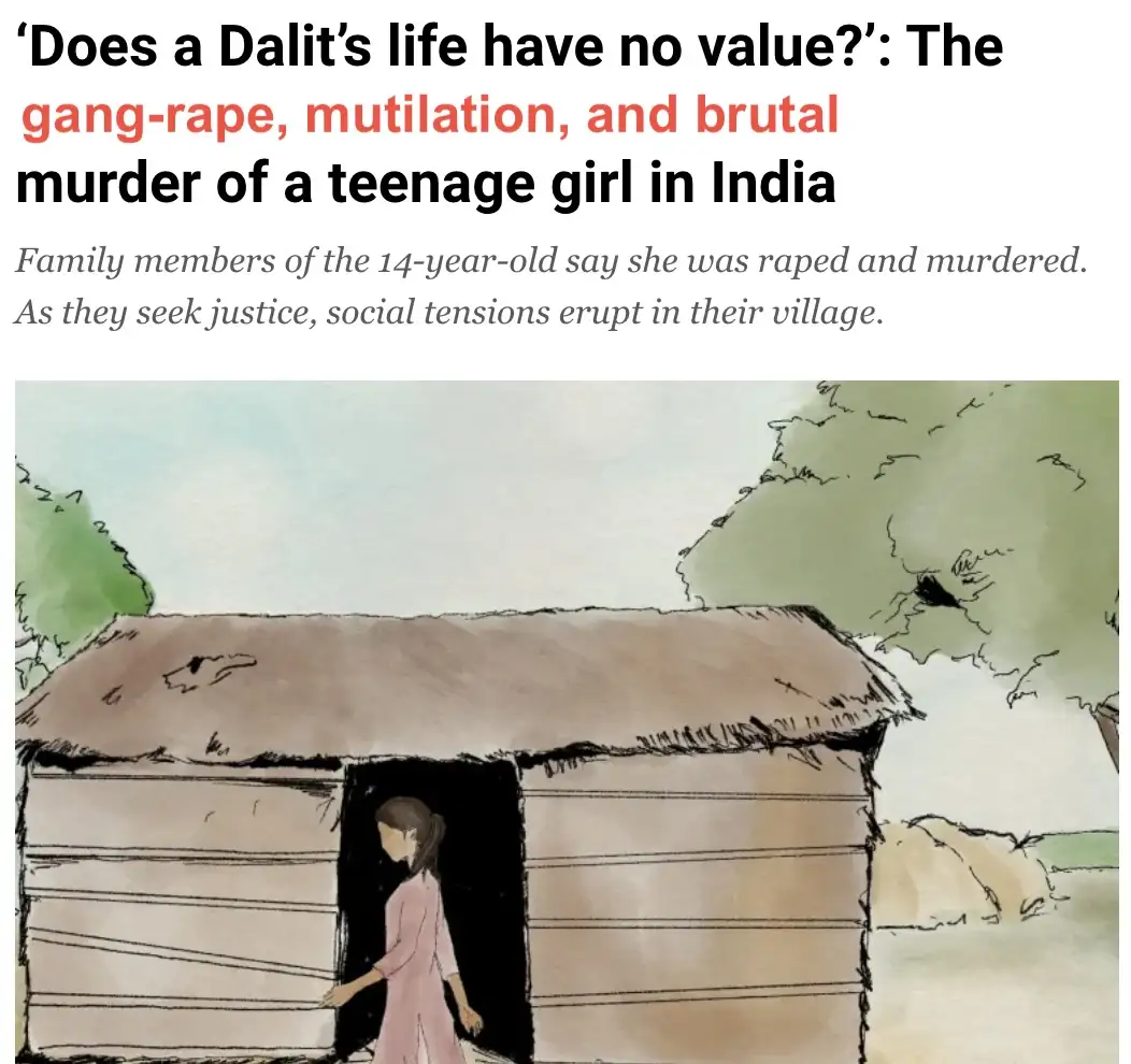 A watercolor illustration shows a young girl in a pink dress stepping out of a simple, thatched-roof hut in a rural setting…