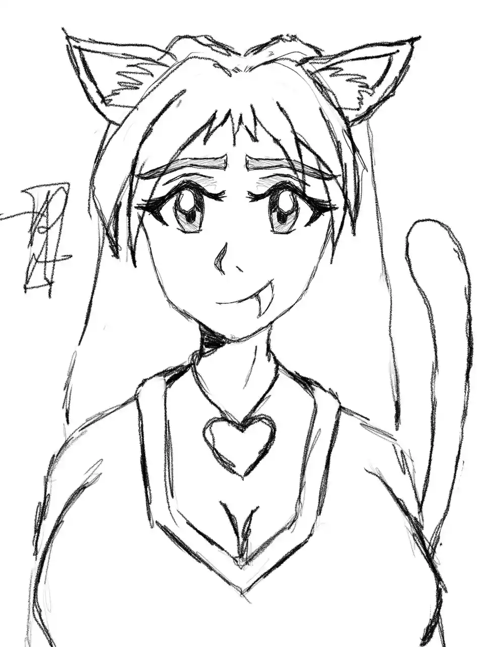 A black-and-white sketch of an anime-style girl with cat ears and a tail, wearing a heart-shaped top, and showing fangs…