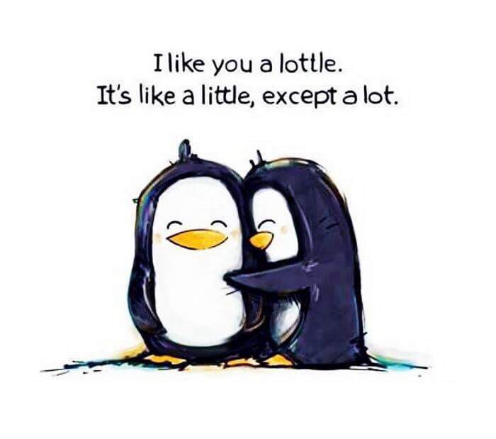 Two cartoon penguins are hugging affectionately against a plain white background. The penguin on the right has its arm…