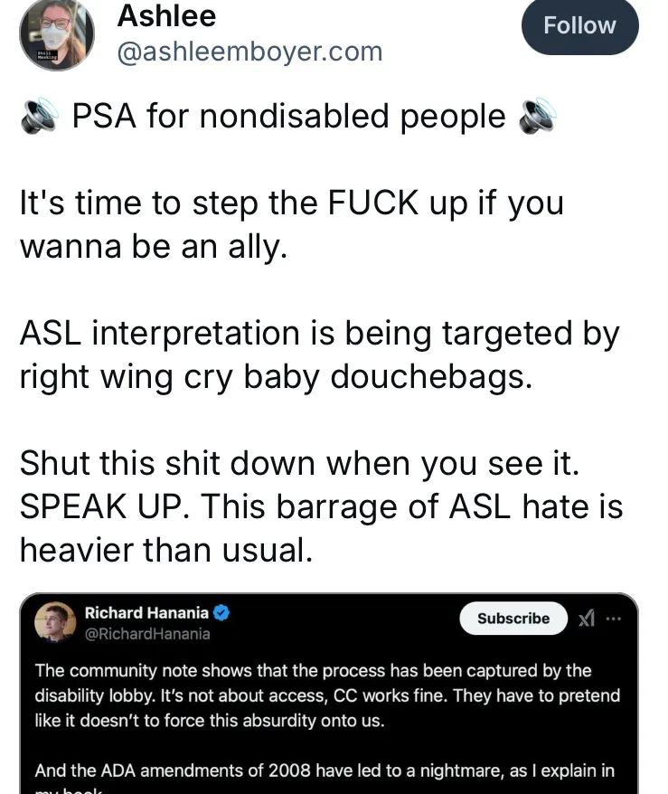 A screenshot of a Twitter post by Ashlee (@ashleemboyer.com) with a PSA urging nondisabled people to be more active allies…