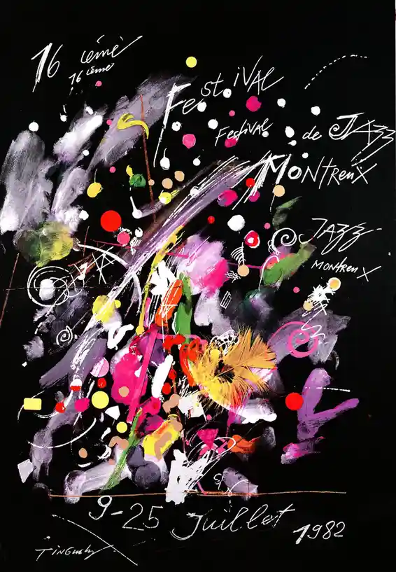 A vibrant, abstract art poster for the 16th Montreux Jazz Festival in 1982, featuring colorful splatters, brushstrokes, and…