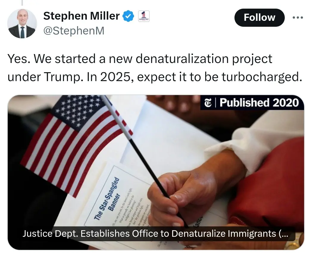 A screenshot of a tweet from Stephen Miller showing a photo of a person signing a document titled 'The Star-Spangled Banner'…