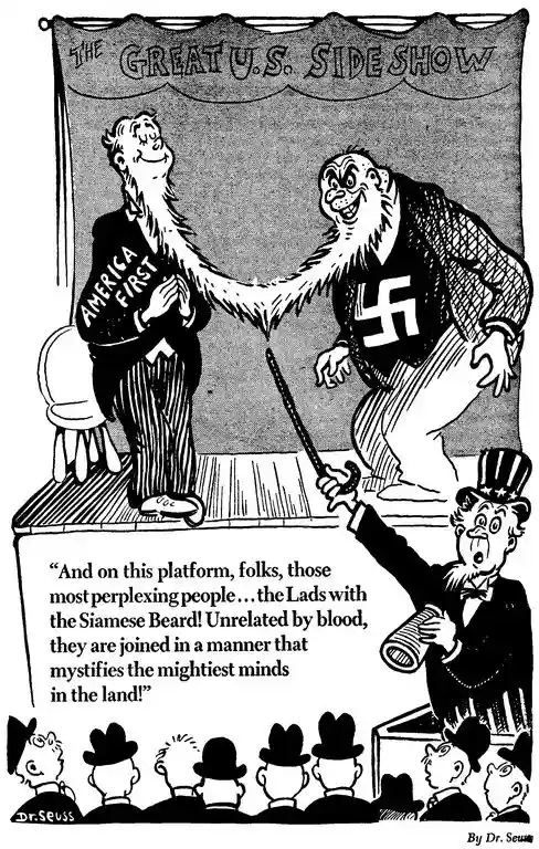 A vintage Dr. Seuss cartoon titled 'The Great U.S. Side Show' depicts two men with a single, shared beard standing on a…