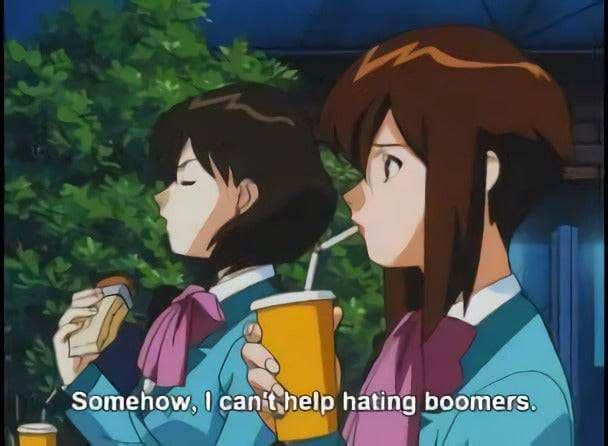 Two anime girls in school uniforms sit side by side outdoors at night, one holding a drink with a straw and the other eating…
