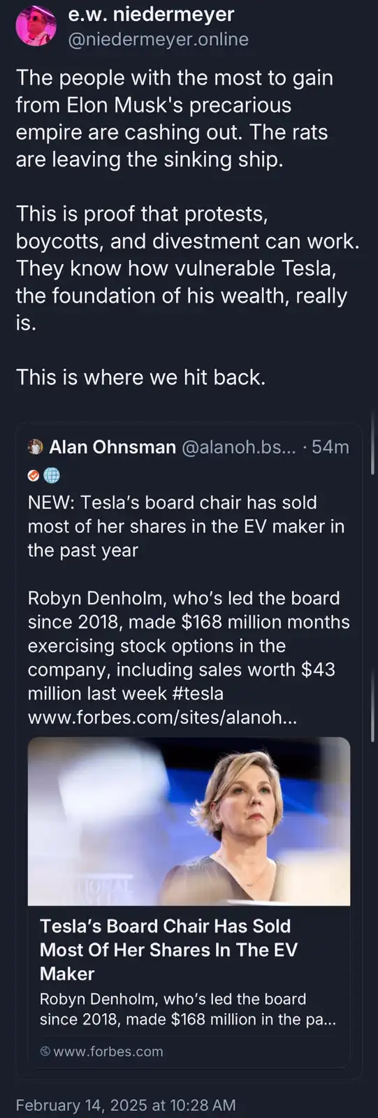 A screenshot of a social media thread where a user comments on Robyn Denholm, Tesla's board chair, selling most of her…
