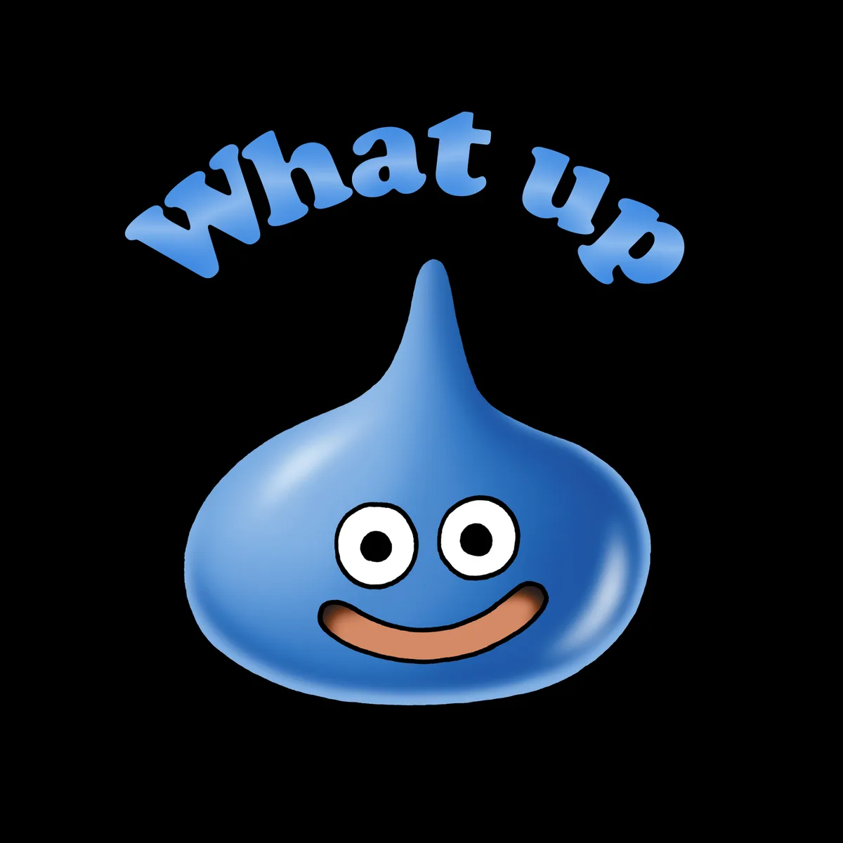 A blue, teardrop-shaped, cartoonish slime character with large white eyes and a smiling mouth is centered against a black…