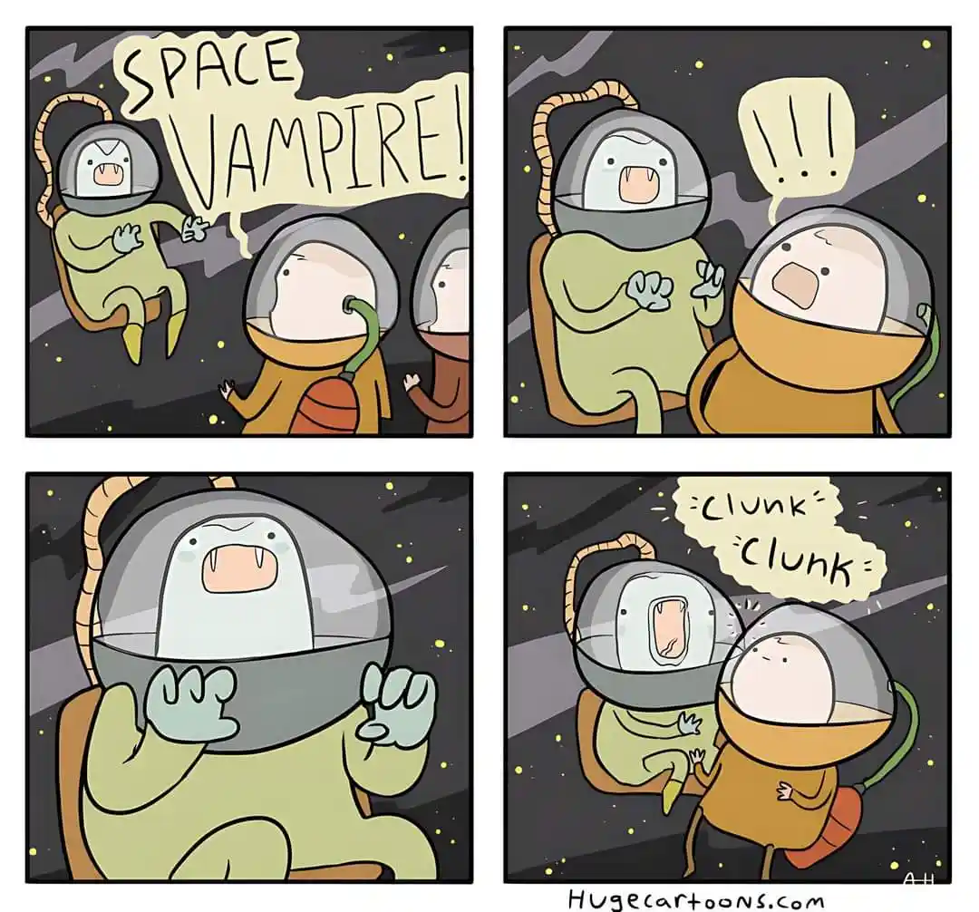 A four-panel comic strip shows astronauts in space encountering a green alien with fangs and a long tail, who yells 'SPACE…