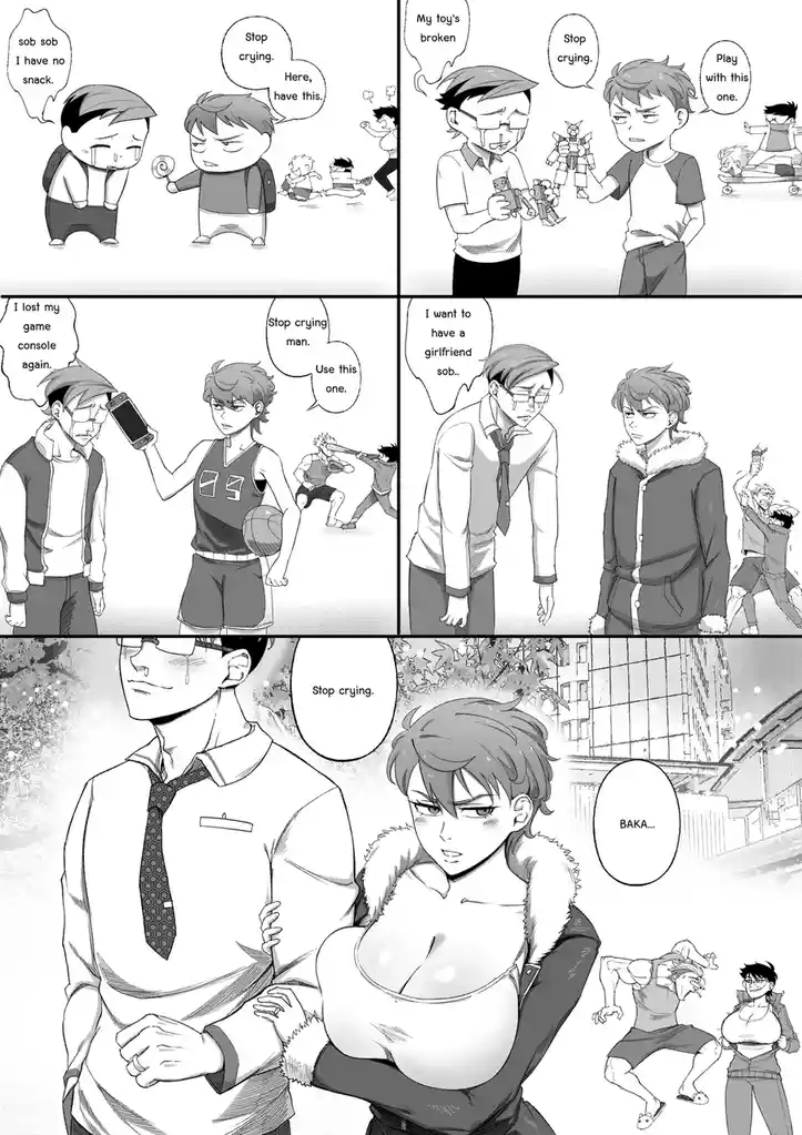 A manga-style comic strip shows a boy repeatedly trying to comfort a crying man by giving him increasingly less relevant…