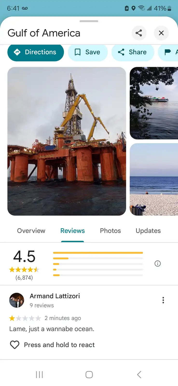 A screenshot of a Google Maps page for a location named 'Gulf of America' shows a large offshore oil rig as the main photo…