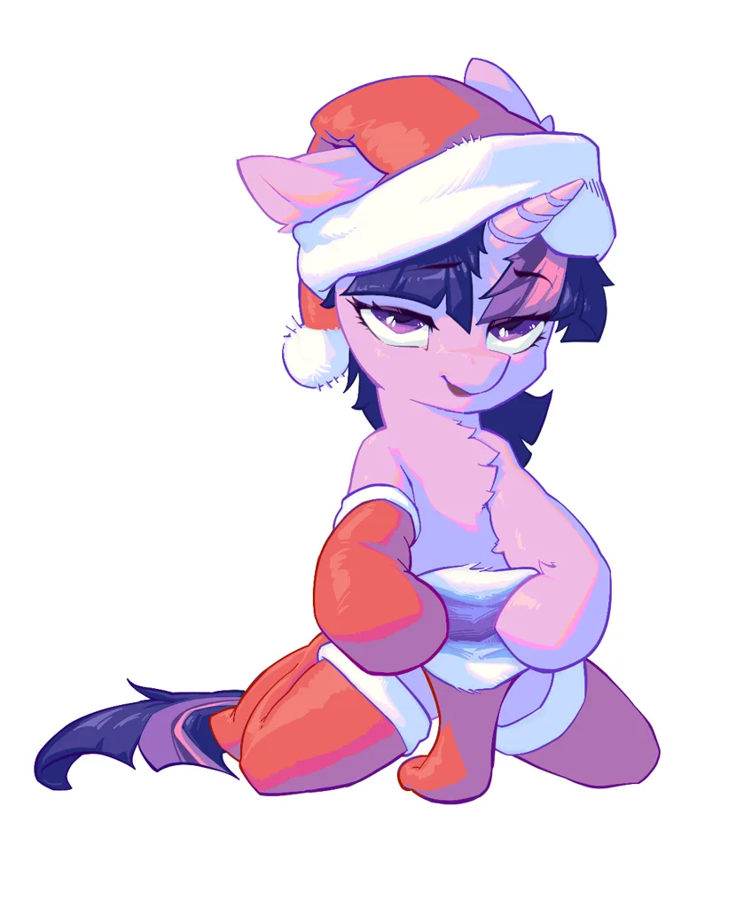 A stylized cartoon pony with dark hair and a unicorn horn wears a red and white Santa hat and a red and white outfit while…