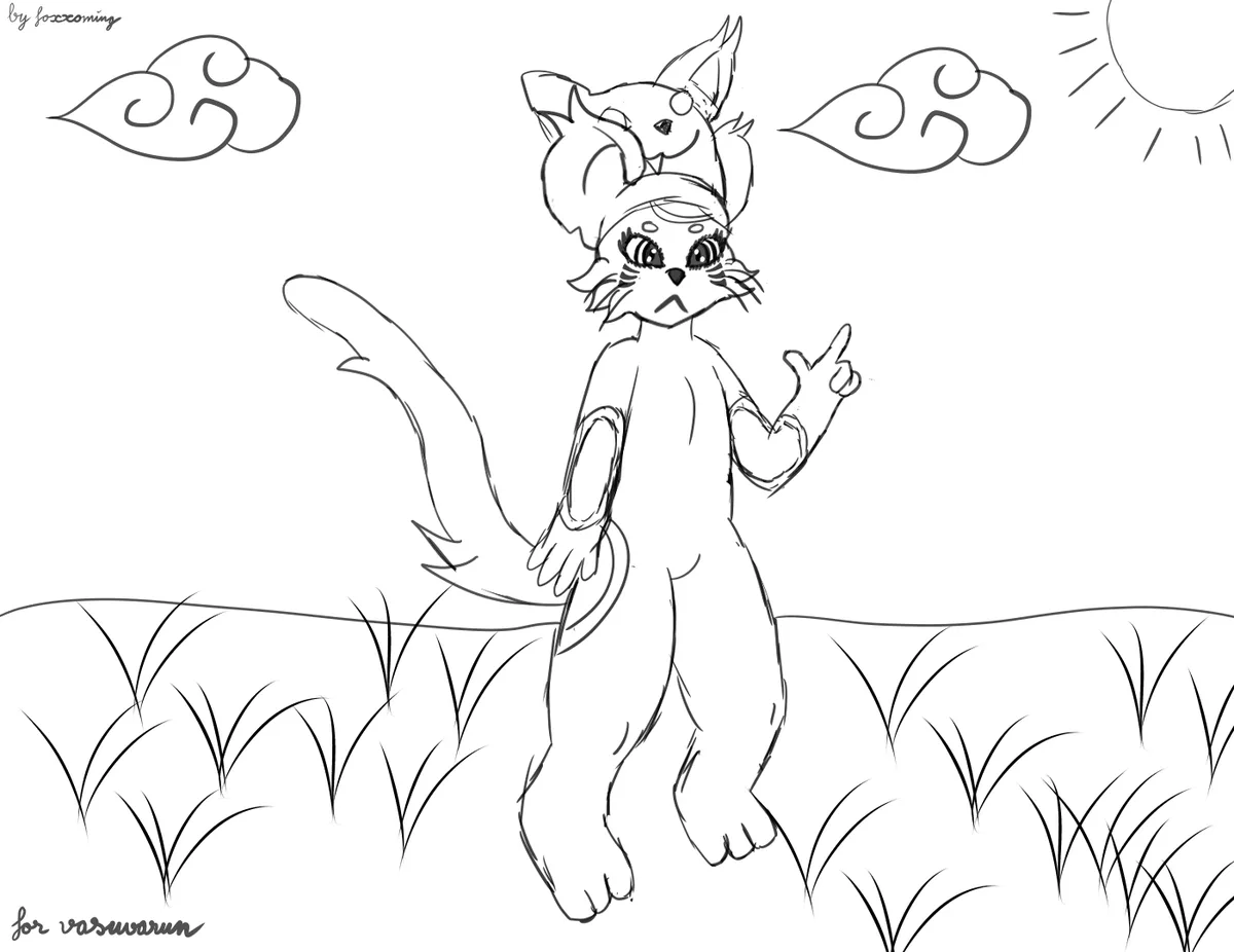 A black-and-white line drawing shows an anthropomorphic cat-like creature standing in grass, wearing a fox headband with a…